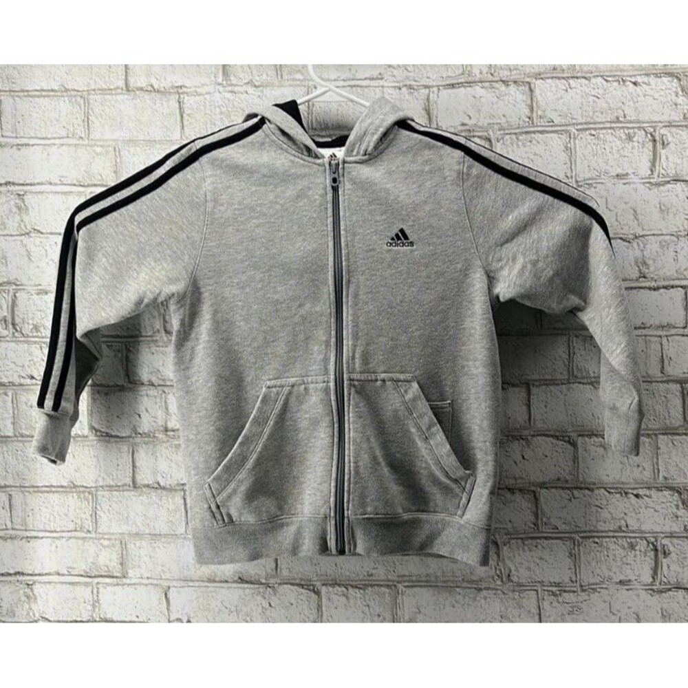 Adidas Full Zip Hoodie Youth Y S Gray 3 Stripe Jacket Sweatshirt Size 140